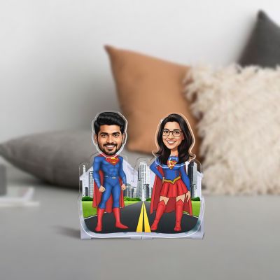 Personalized Super Man & Women Theme Bobblehead Caricature for Home Decor & Car Dashboard Solar Powered Moving Head Funny Gift for Couples